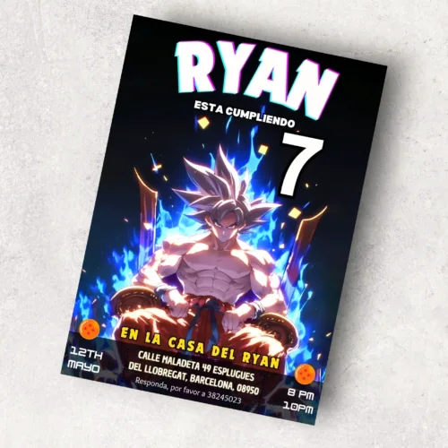 King goku sitting on a throne birthday template, templado de cumple goku, bola de drac