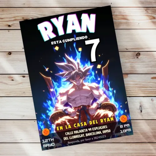 King goku sitting on a throne birthday template, templado de cumple goku, bola de drac