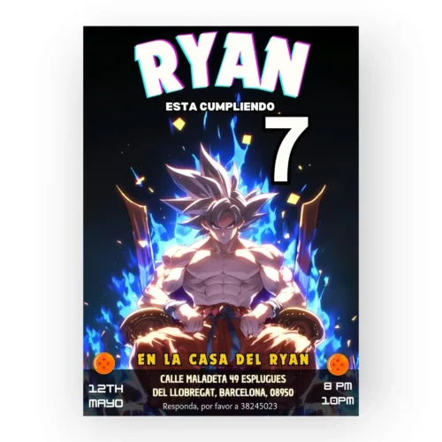 King goku sitting on a throne birthday template, templado de cumple goku, bola de drac