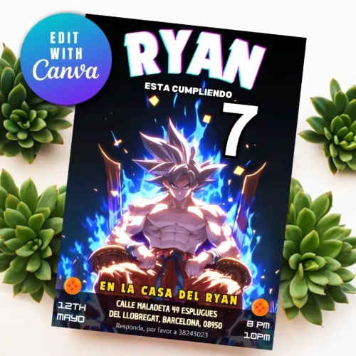 King goku sitting on a throne birthday template, templado de cumple goku, bola de drac