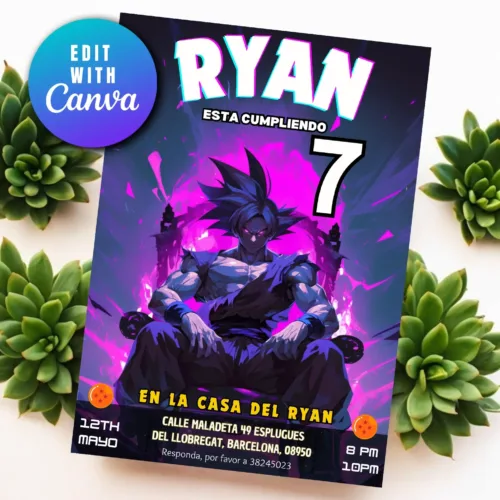 Colorful birthday invitation featuring a powerful anime character sitting in a dynamic pose against a vibrant, purple background. The invitation is for a 7th birthday party, taking place on 12th May from 8 PM to 10 PM. The text 'Edit with Canva' is present in a circular icon on the top left corner. The design includes Dragon Ball-themed elements with two dragon balls at the bottom corners.