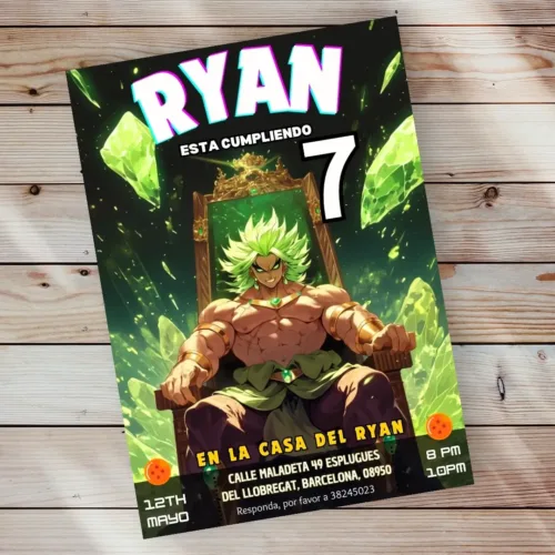 A colorful birthday invitation for a child named Ryan, who is turning 7 years old. The design features an anime character with green hair and muscular build, seated on a throne against a vibrant green crystal background. The invitation text, in Spanish, includes details such as the event location "En la casa del Ryan," the address "Calle Maladeta 49 Esplugues del Llobregat, Barcelona, 08950," and the date and time "12th Mayo, 8 PM - 10 PM." The invitation also has a round "Edit with Canva" sticker in the top left corner and Dragon Ball-themed icons. The card is surrounded by green succulent plants.
