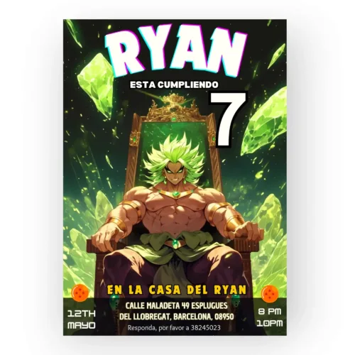 A colorful birthday invitation for a child named Ryan, who is turning 7 years old. The design features an anime character with green hair and muscular build, seated on a throne against a vibrant green crystal background. The invitation text, in Spanish, includes details such as the event location "En la casa del Ryan," the address "Calle Maladeta 49 Esplugues del Llobregat, Barcelona, 08950," and the date and time "12th Mayo, 8 PM - 10 PM." The invitation also has a round "Edit with Canva" sticker in the top left corner and Dragon Ball-themed icons. The card is surrounded by green succulent plants.