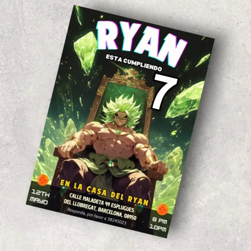 A colorful birthday invitation for a child named Ryan, who is turning 7 years old. The design features an anime character with green hair and muscular build, seated on a throne against a vibrant green crystal background. The invitation text, in Spanish, includes details such as the event location "En la casa del Ryan," the address "Calle Maladeta 49 Esplugues del Llobregat, Barcelona, 08950," and the date and time "12th Mayo, 8 PM - 10 PM." The invitation also has a round "Edit with Canva" sticker in the top left corner and Dragon Ball-themed icons. The card is surrounded by green succulent plants.