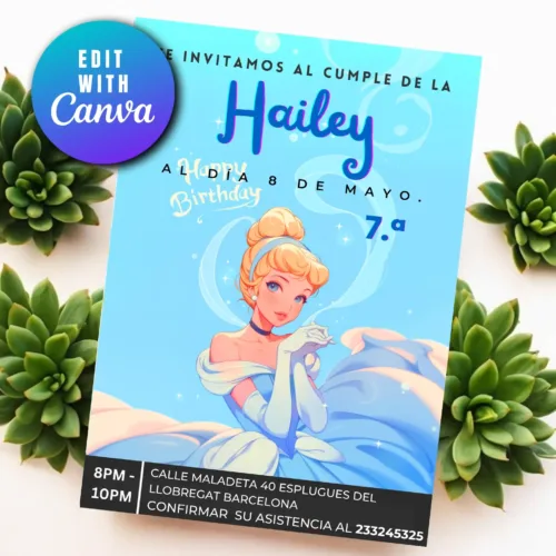 cindarella template birthday editable canva, vibrant cindarella wallpaper