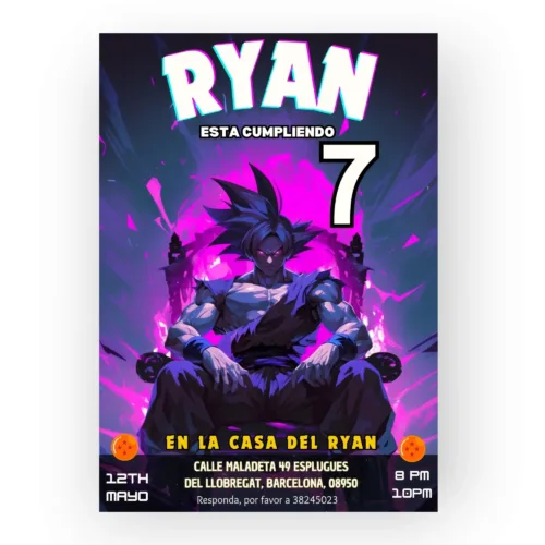 Colorful birthday invitation featuring a powerful anime character sitting in a dynamic pose against a vibrant, purple background. The invitation is for a 7th birthday party, taking place on 12th May from 8 PM to 10 PM. The text 'Edit with Canva' is present in a circular icon on the top left corner. The design includes Dragon Ball-themed elements with two dragon balls at the bottom corners.