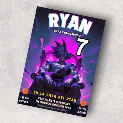 Colorful birthday invitation featuring a powerful anime character sitting in a dynamic pose against a vibrant, purple background. The invitation is for a 7th birthday party, taking place on 12th May from 8 PM to 10 PM. The text 'Edit with Canva' is present in a circular icon on the top left corner. The design includes Dragon Ball-themed elements with two dragon balls at the bottom corners.