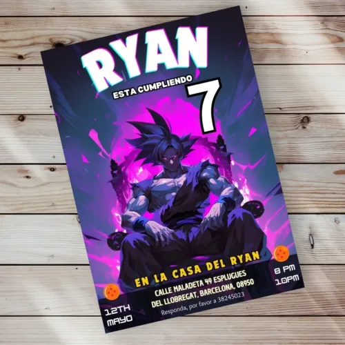 Colorful birthday invitation featuring a powerful anime character sitting in a dynamic pose against a vibrant, purple background. The invitation is for a 7th birthday party, taking place on 12th May from 8 PM to 10 PM. The text 'Edit with Canva' is present in a circular icon on the top left corner. The design includes Dragon Ball-themed elements with two dragon balls at the bottom corners.