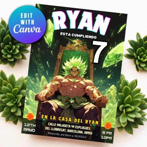 A colorful birthday invitation for a child named Ryan, who is turning 7 years old. The design features an anime character with green hair and muscular build, seated on a throne against a vibrant green crystal background. The invitation text, in Spanish, includes details such as the event location "En la casa del Ryan," the address "Calle Maladeta 49 Esplugues del Llobregat, Barcelona, 08950," and the date and time "12th Mayo, 8 PM - 10 PM." The invitation also has a round "Edit with Canva" sticker in the top left corner and Dragon Ball-themed icons. The card is surrounded by green succulent plants.