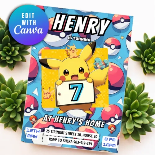 pikachu birthday template, pikachu birthday card, birthday card canva, editable template